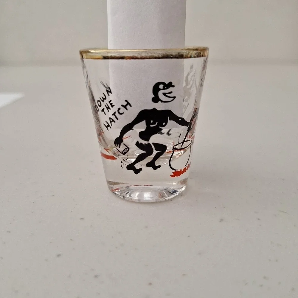 Down The Hatch~Vintage CANNIBAL THEMED Shot Glass 1950s/60s